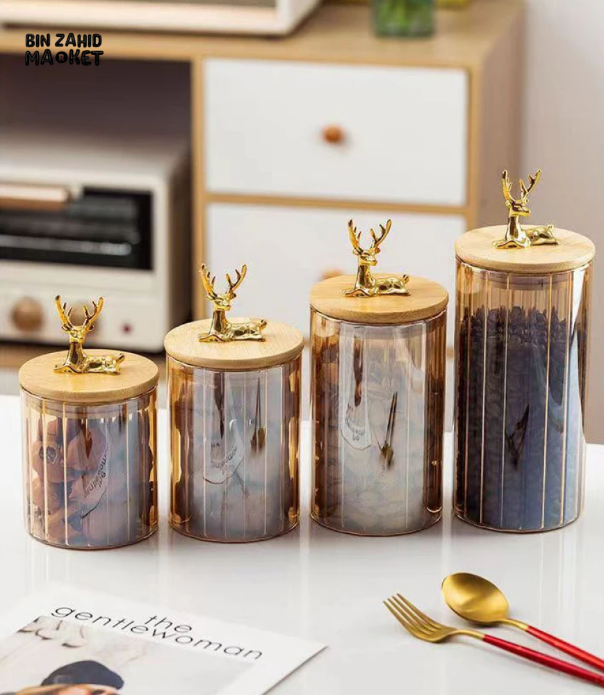 LUXURY 3-PIECE STORAGE JAR SET WITH WOODEN LIDS & DEER HEAD DESIGN ELEGANT COFFEE & SNACK CONTAINERS FOR KITCHEN DECOR