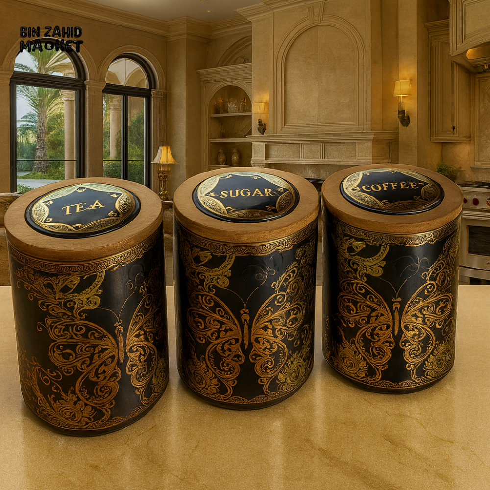 LUXURY 3 PIECE TEA SUGAR COFFEE CANISTER SET – CERAMIC JARS WITH WOODEN LIDS & GOLDEN DESIGN HZ113