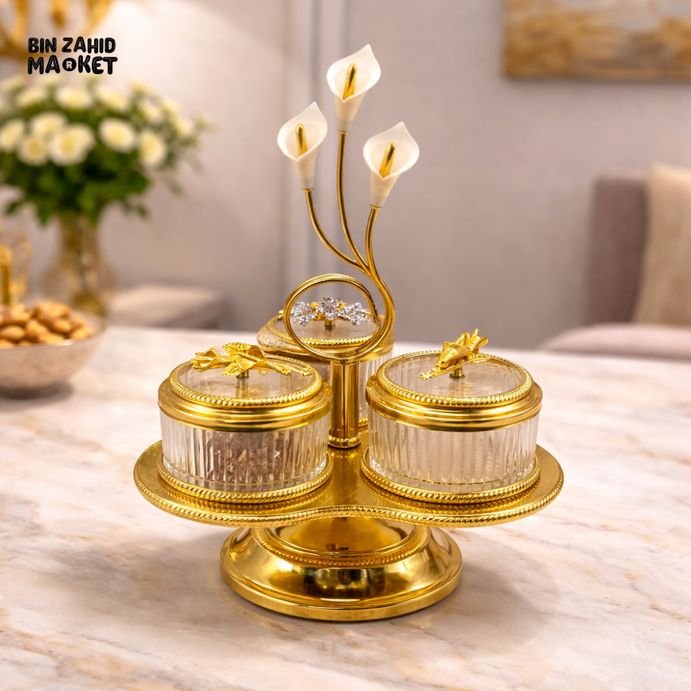 LUXURY 3-PIECES DRY FRUIT JAR SET WITH GOLD STAND DECORATIVE SERVING TRAY - GOLDEN