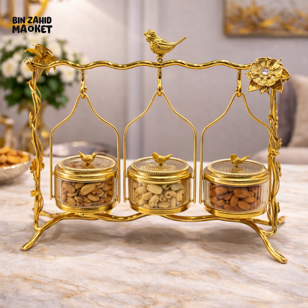 LUXURY 3-PIECES HANGING DRY FRUIT JAR SET WITH GOLD STAND DECORATIVE SERVING HOLDER - GOLDEN