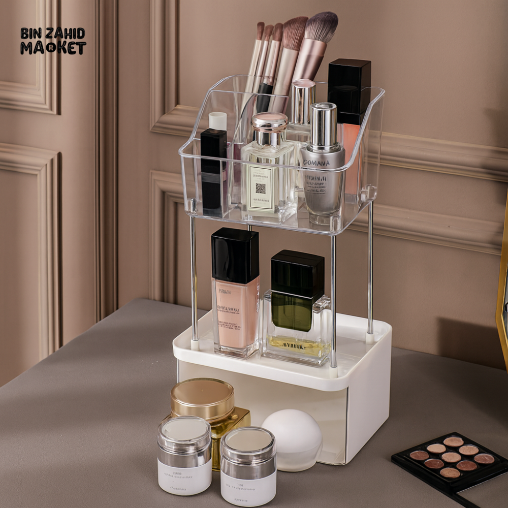 LUXURY 3-TIER WOODEN BATHROOM STORAGE ORGANIZER WITH DRAWER & NON-SLIP MAT – ELEGANT WALL-MOUNTED MAKEUP VANITY AND SHOWER SHELF