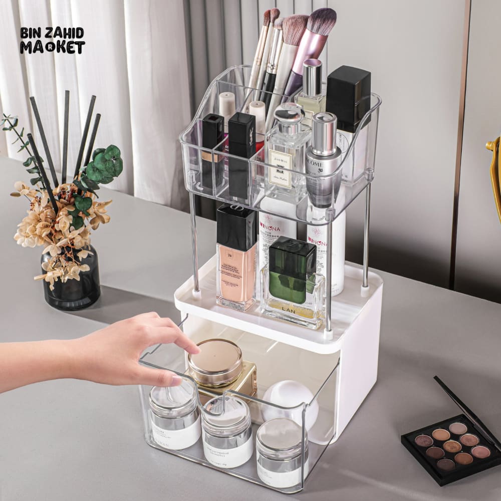 LUXURY 3-TIER WOODEN BATHROOM STORAGE ORGANIZER WITH DRAWER & NON-SLIP MAT – ELEGANT WALL-MOUNTED MAKEUP VANITY AND SHOWER SHELF