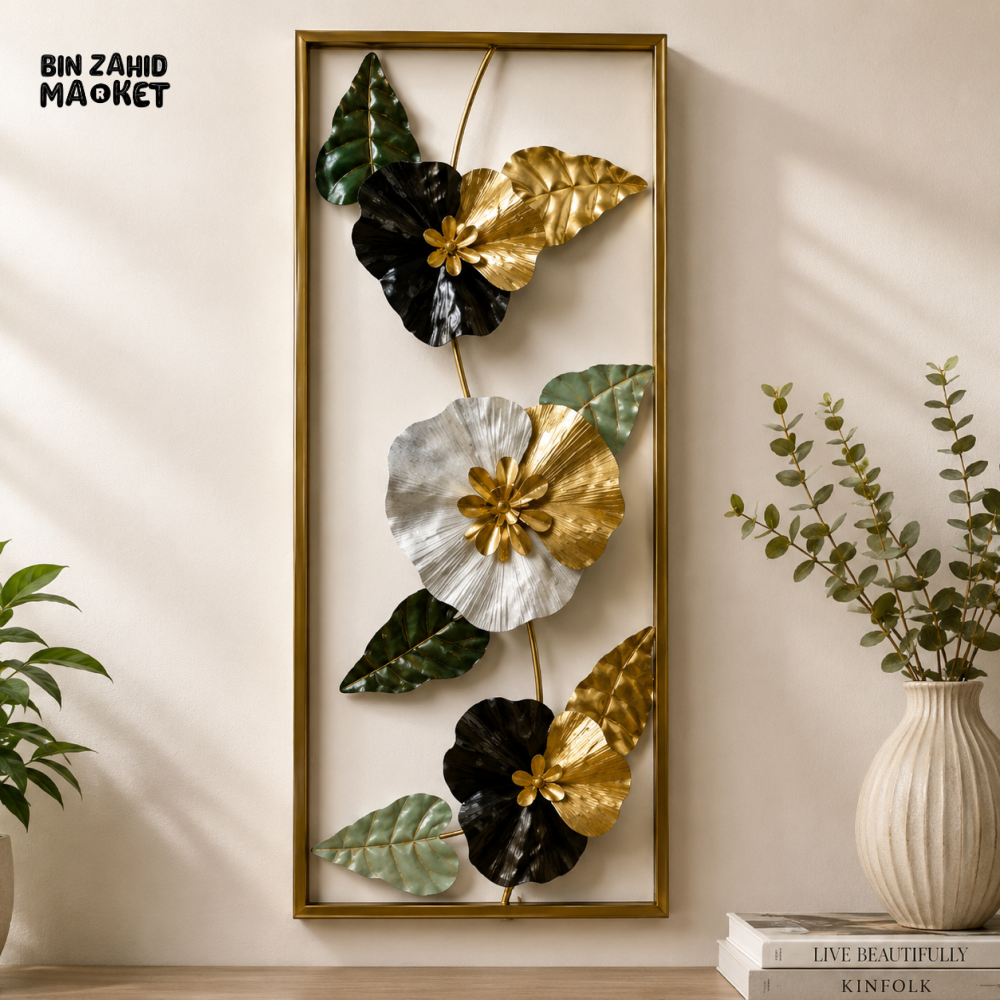 LUXURY 3D METAL FLORAL WALL ART WITH GOLD FRAME