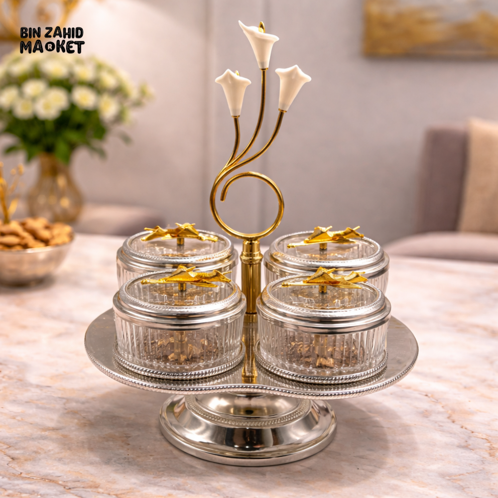 LUXURY 4-PIECES DRY FRUIT JAR SET WITH GOLD STAND DECORATIVE SERVING TRAY - SILVER