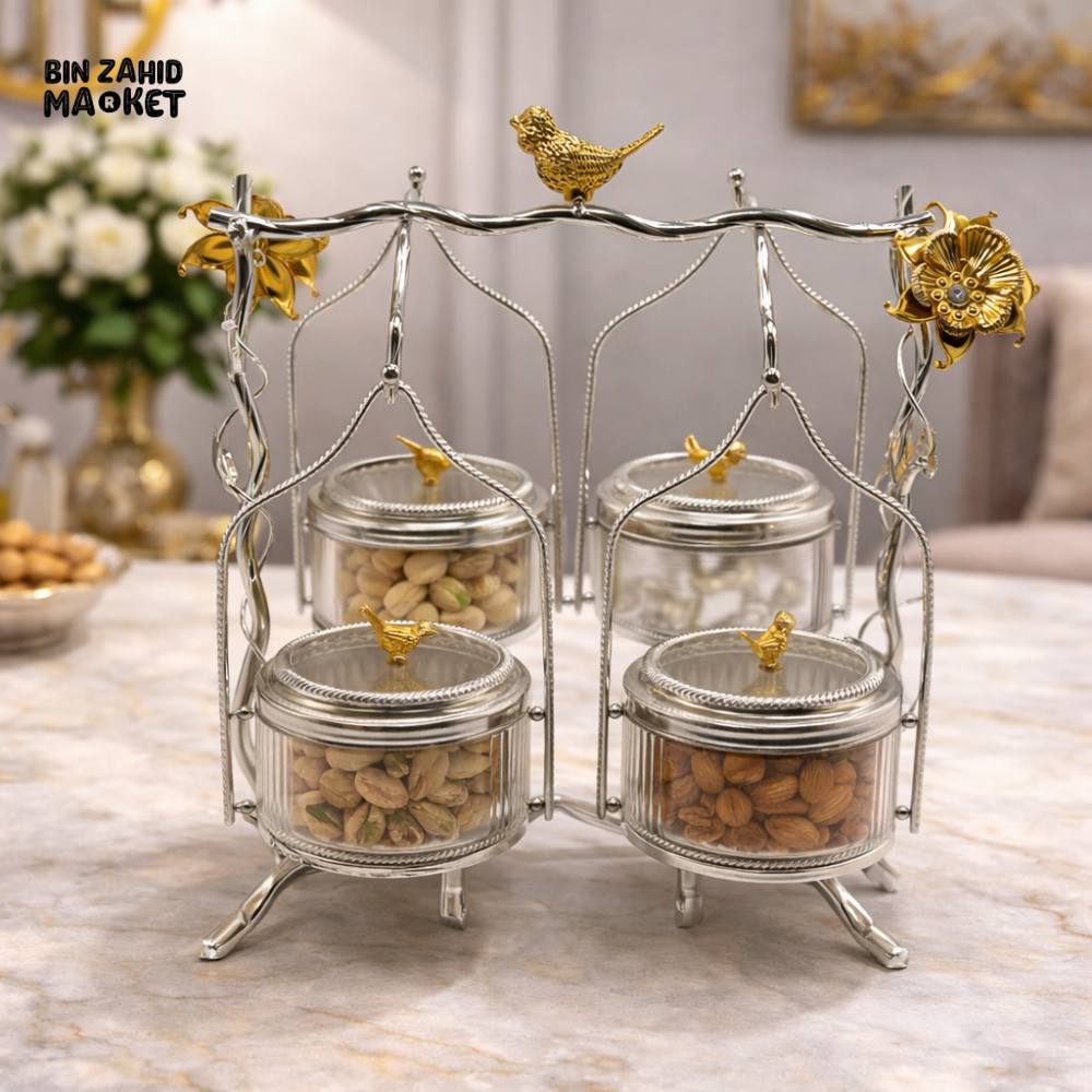 LUXURY 4-PIECES HANGING DRY FRUIT JAR SET WITH GOLD STAND DECORATIVE SERVING HOLDER - SILVER