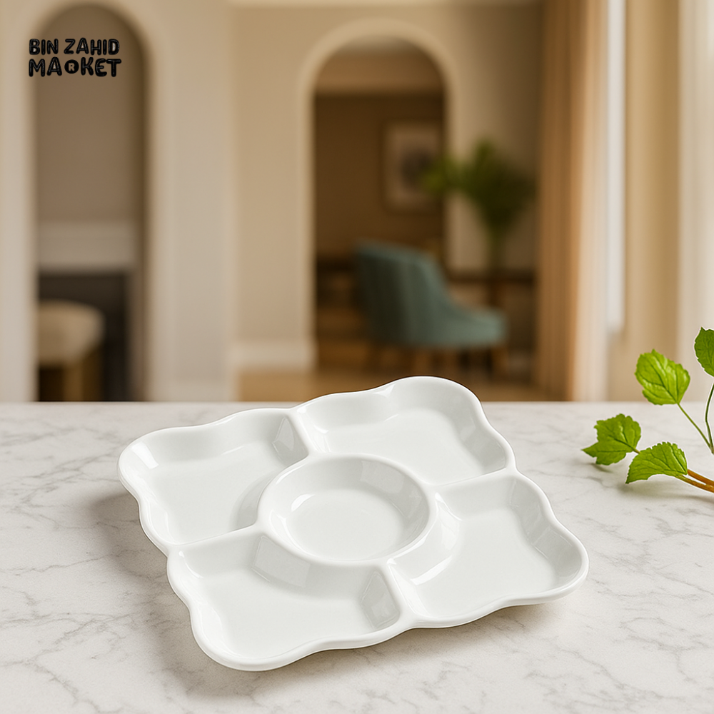 LUXURY 5-COMPARTMENT SNACK SERVING PLATTER – CERAMIC MULTI-SECTION DISH FOR DRY FRUITS, SAUCES & APPETIZERS