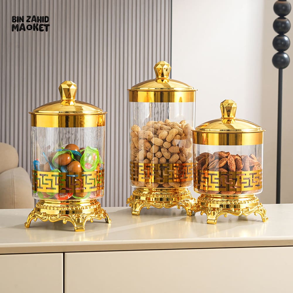 LUXURY ACRYLIC CANDY JAR WITH LID 3 PIECES SET TRANSPARENT TABLE DRY FOOD CANDY BIN SNACK STORAGE CAN