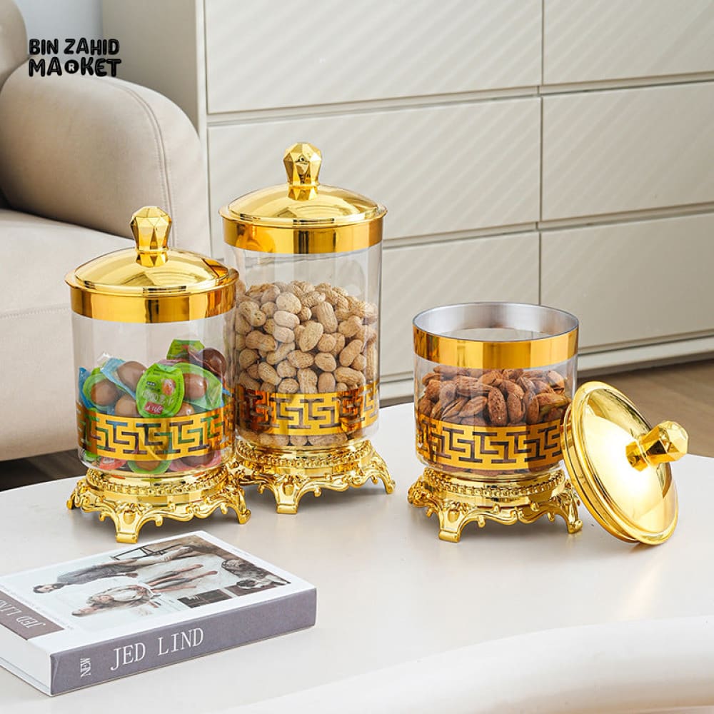 LUXURY ACRYLIC CANDY JAR WITH LID 3 PIECES SET TRANSPARENT TABLE DRY FOOD CANDY BIN SNACK STORAGE CAN