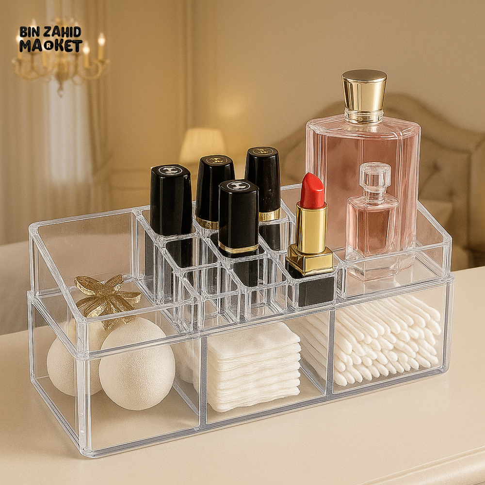 LUXURY ACRYLIC MAKEUP ORGANIZER FOR VANITY TABLE – COSMETIC STORAGE BOX WITH DRAWERS & COMPARTMENTS
