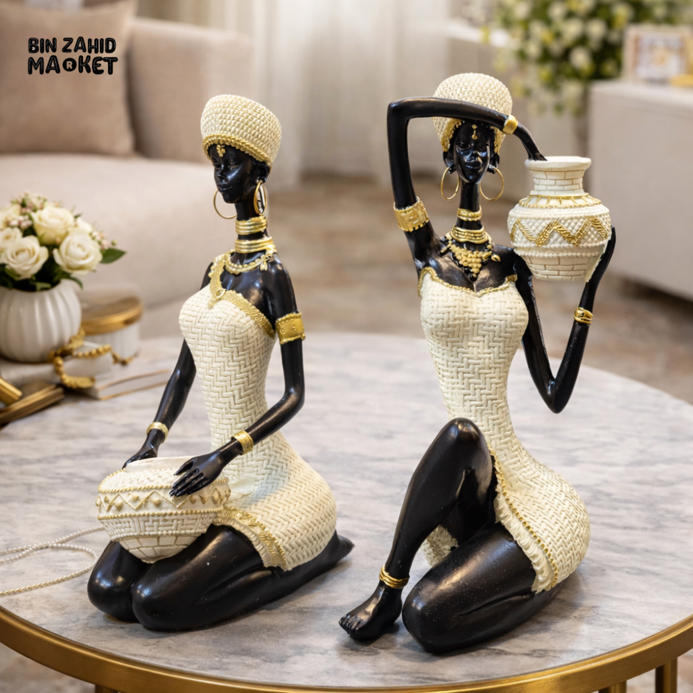 LUXURY AFRICAN WOMAN FIGURINE SET WITH TRADITIONAL POT – TABLE SIDE DECOR