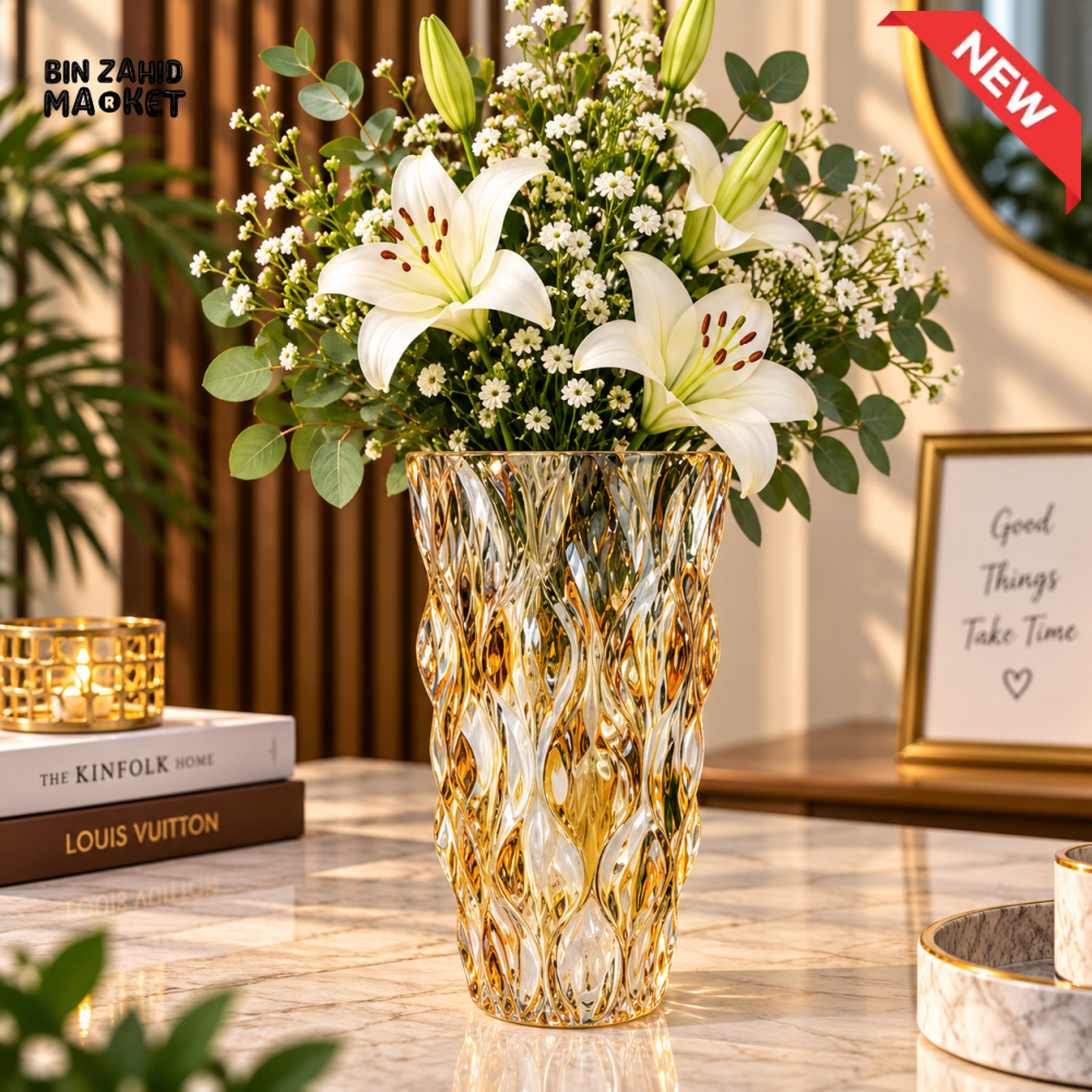 LUXURY AMBER CRYSTAL WAVE DESIGN GLASS DECORATIVE FLOWER VASE