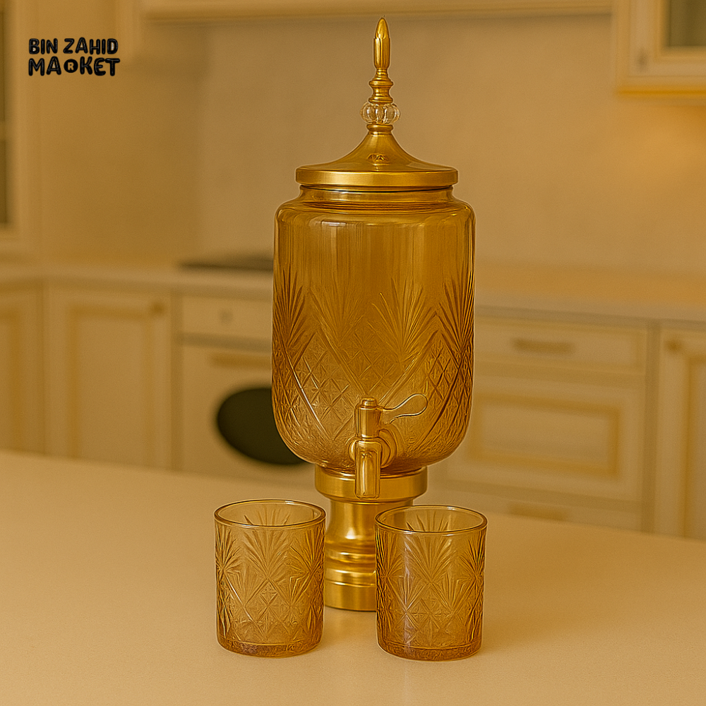 LUXURY AMBER GLASS WATER DISPENSER SET WITH 6 ETCHED GLASSES – GOLDEN BASE & FAUCET | ELEGANT VILLA KITCHEN SERVER