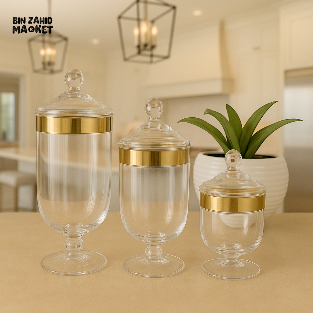 LUXURY APOTHECARY GLASS JAR SET WITH GOLD LIDS – ELEGANT FOOTED STORAGE CONTAINERS FOR CANDY, SNACKS & HOME DECOR
