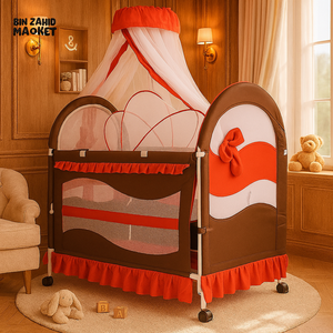 LUXURY BABY COT WITH CANOPY – BROWN & RED | PREMIUM NURSERY PLAYPEN FOR KIDS - RED