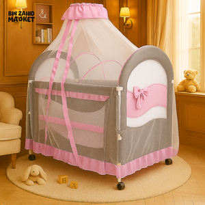 LUXURY BABY COT WITH CANOPY – BROWN & RED | PREMIUM NURSERY PLAYPEN FOR KIDS - PINK