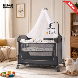 LUXURY BABY PLAYPEN COT WITH MOSQUITO NET AND TOY BAR - BLACK