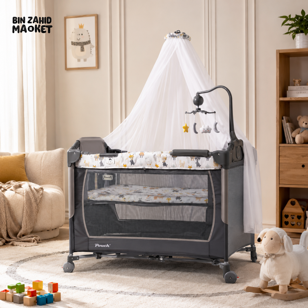 LUXURY BABY PLAYPEN COT WITH MOSQUITO NET AND TOY BAR - BLACK