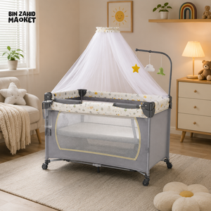 LUXURY BABY PLAYPEN COT WITH MOSQUITO NET AND TOY BAR - GREY