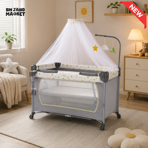 LUXURY BABY PLAYPEN COT WITH MOSQUITO NET AND TOY BAR - GREY