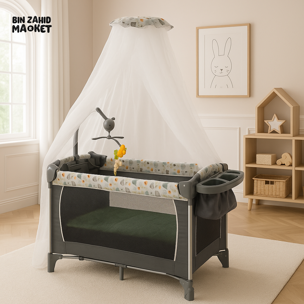 LUXURY BABY PLAYPEN WITH CANOPY – MODERN NURSERY COT & ORGANIZER SET - DARK GREY