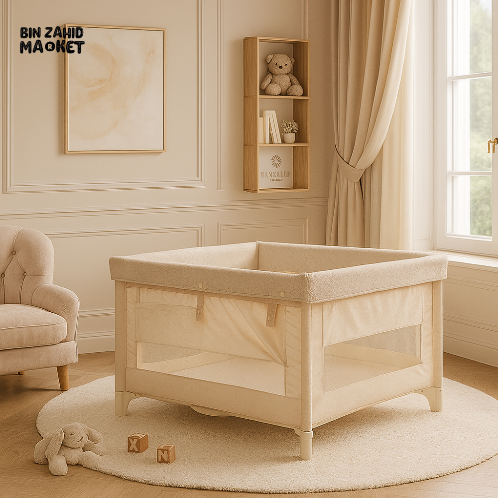 LUXURY BABY PLAYPEN WITH MESH SIDES FOR NURSERY ROOM - BEIGE