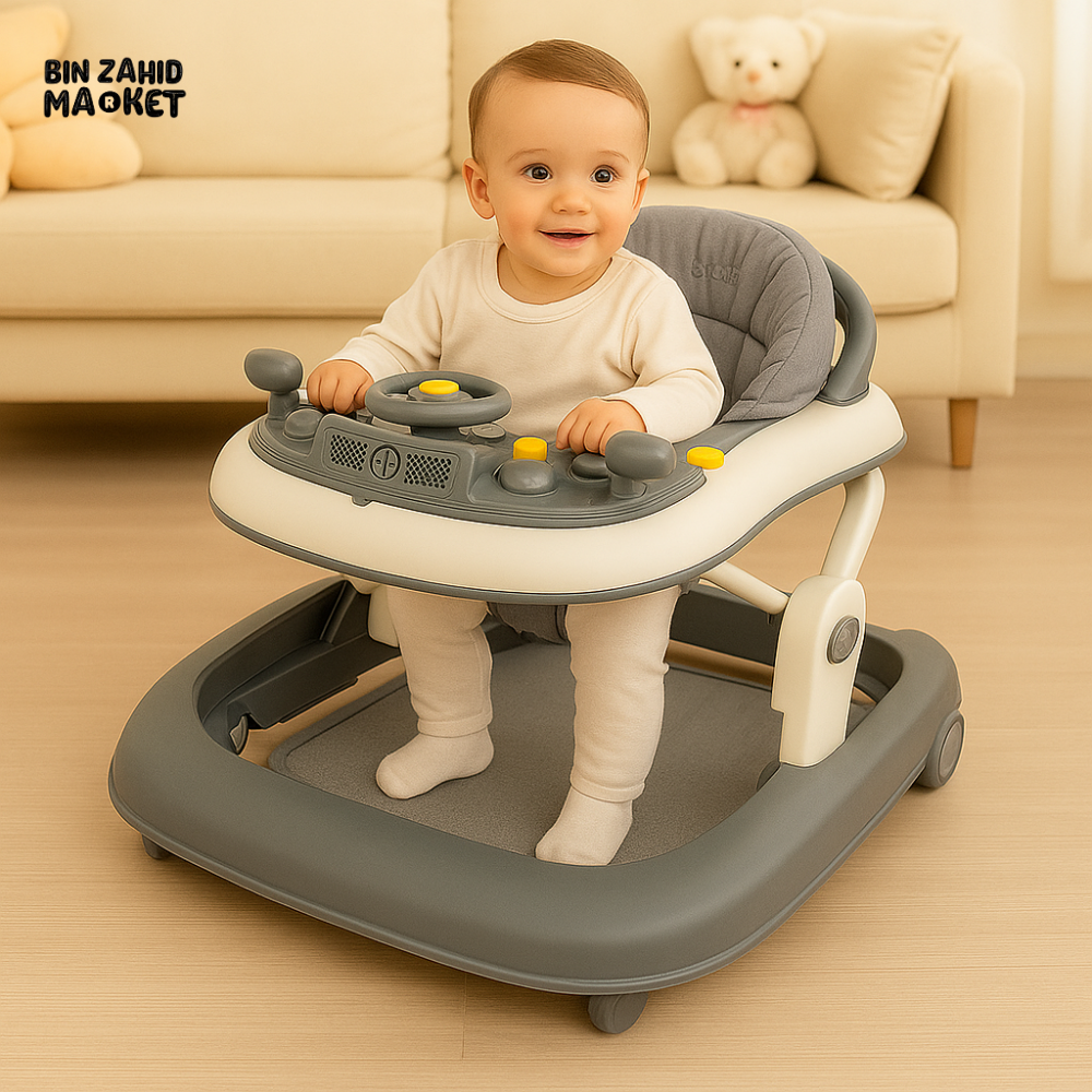 LUXURY BABY WALKER – INFANTES CAR STYLE WALKER WITH STEERING WHEEL & MUSIC PANEL - GREY