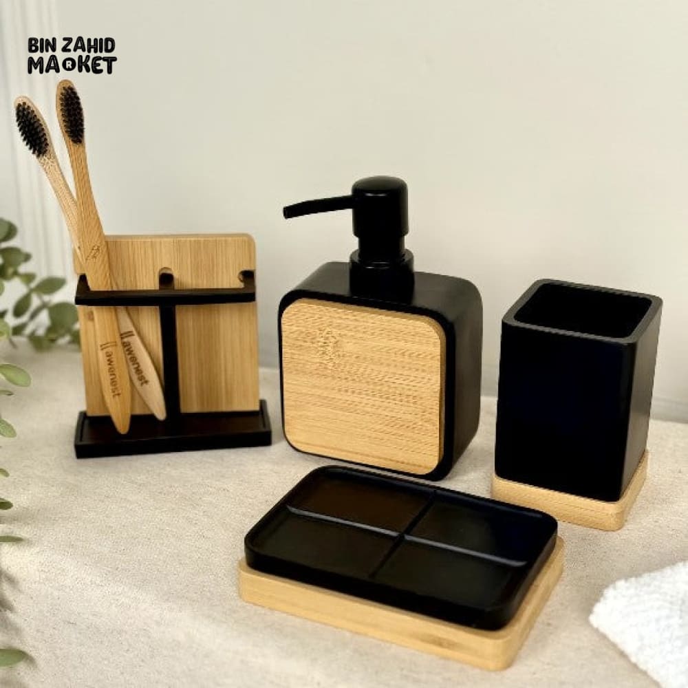 LUXURY BAMBOO BATHROOM ACCESSORIES SET - MATTE BLACK