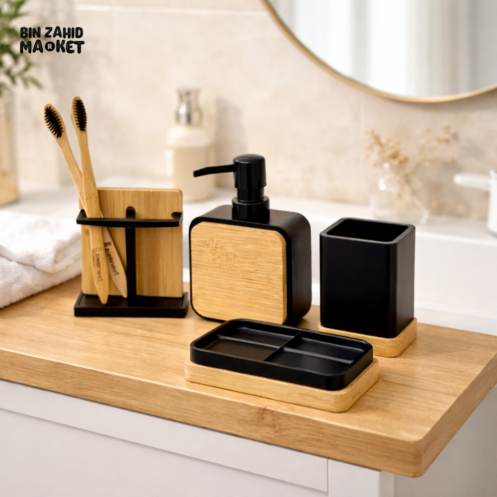 LUXURY BAMBOO BATHROOM ACCESSORIES SET - MATTE BLACK
