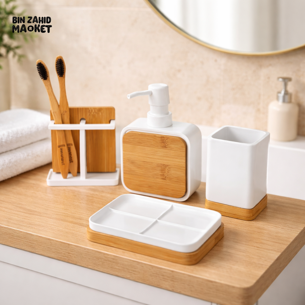 LUXURY BAMBOO BATHROOM ACCESSORIES SET - MATTE WHITE