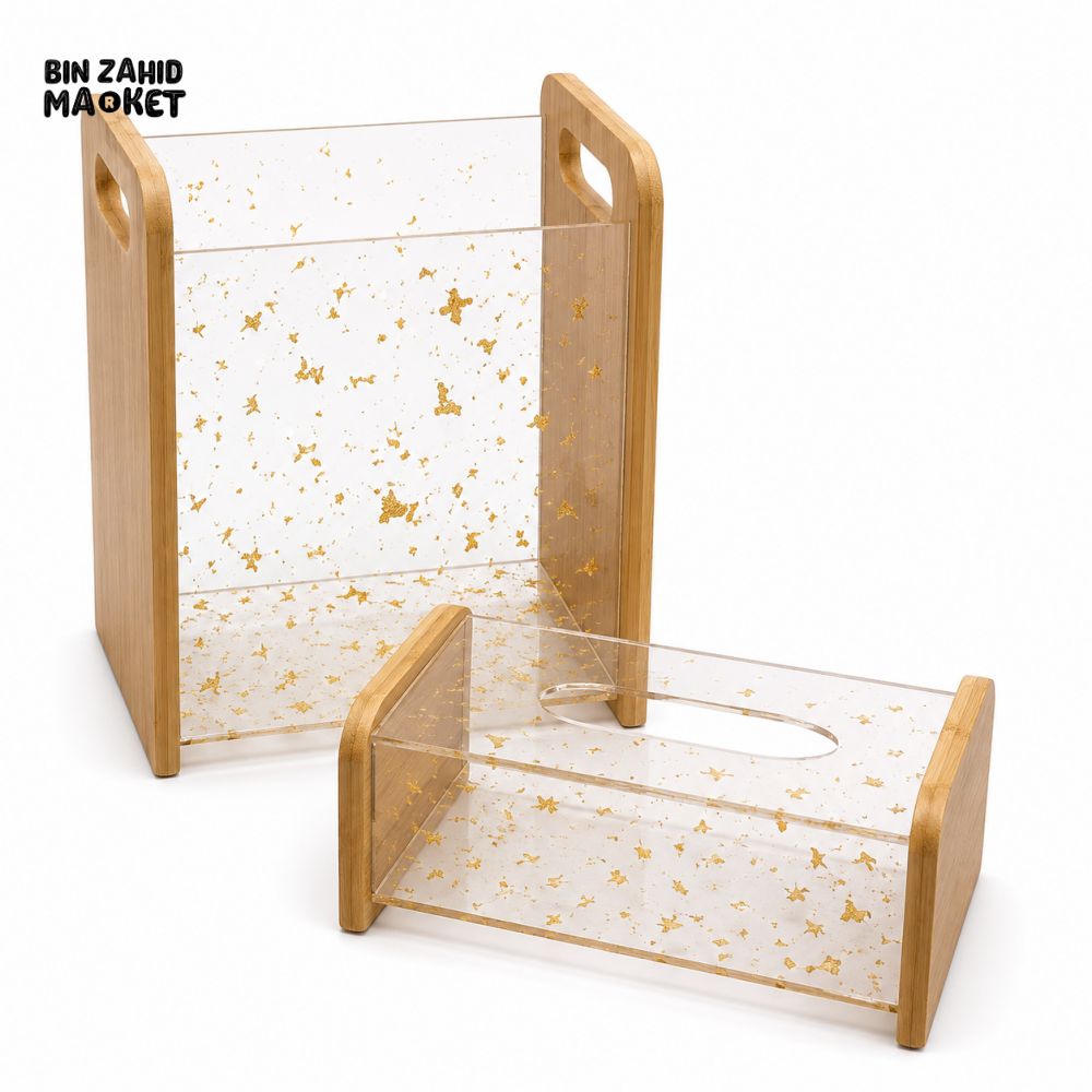 LUXURY BAMBOO & GOLD FLAKE ACRYLIC TISSUE BOX WITH MATCHING DUSTBIN SET