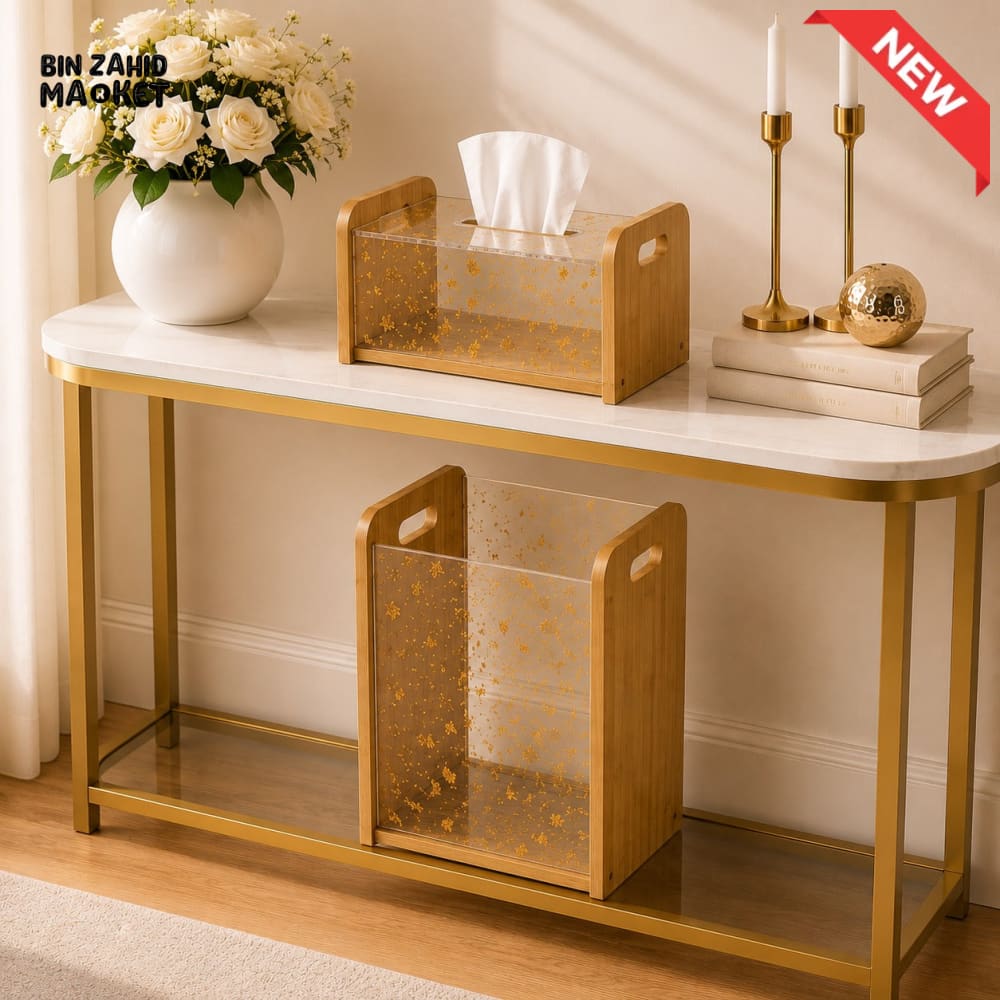 LUXURY BAMBOO & GOLD FLAKE ACRYLIC TISSUE BOX WITH MATCHING DUSTBIN SET