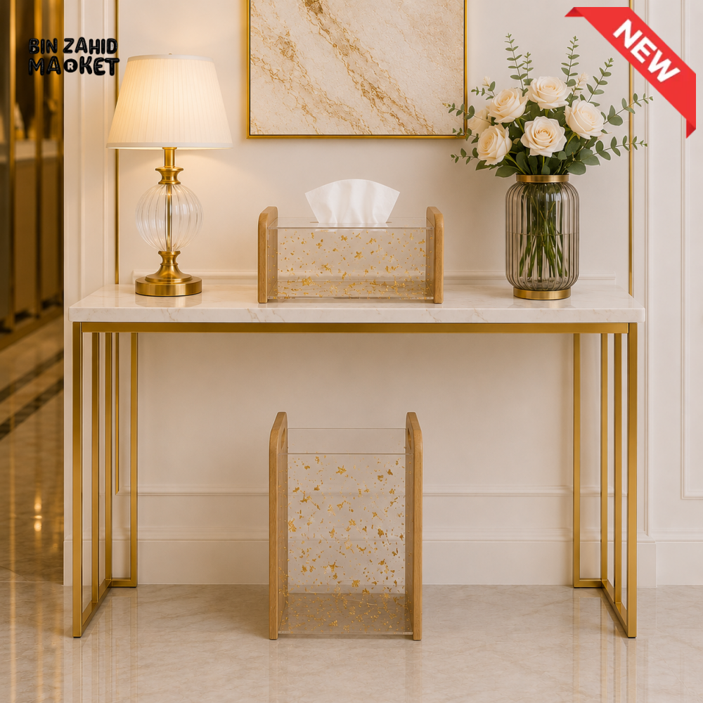 LUXURY BAMBOO & GOLD FLAKE ACRYLIC TISSUE BOX WITH MATCHING DUSTBIN SET