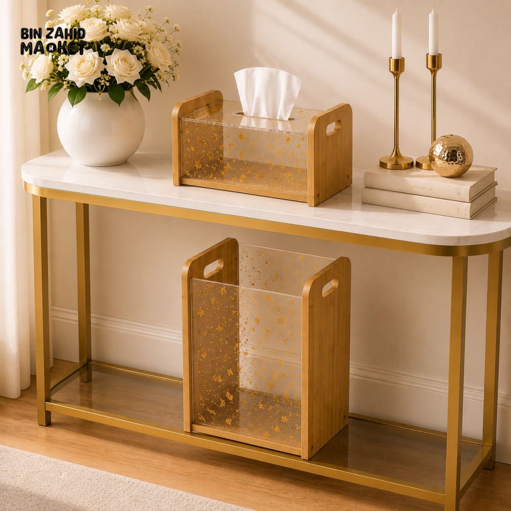 LUXURY BAMBOO & GOLD FLAKE ACRYLIC TISSUE BOX WITH MATCHING DUSTBIN SET