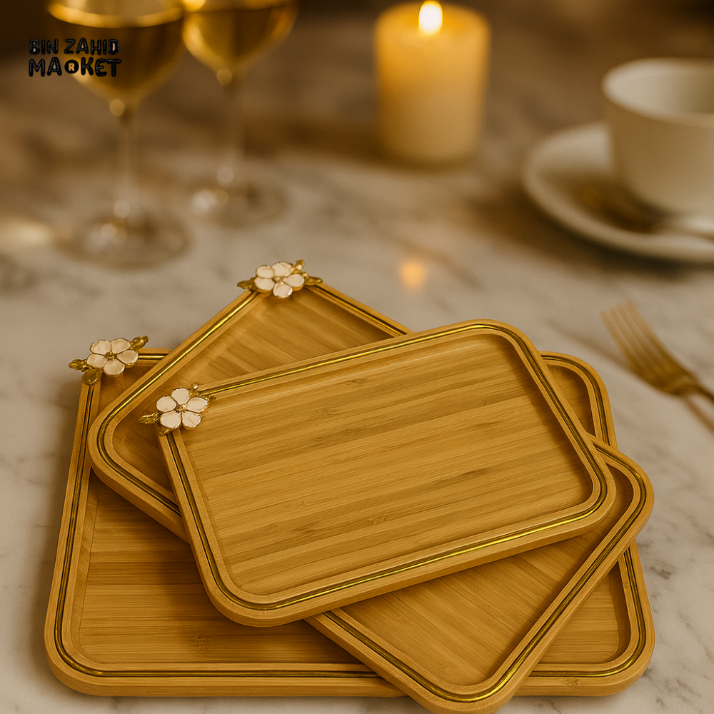 LUXURY BAMBOO PLATTER SET – 3 PIECES STACKABLE SERVING TRAYS WITH GOLD RIM