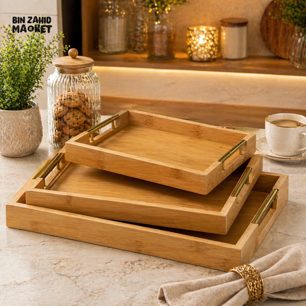 LUXURY BAMBOO SERVING TRAY SET WITH GOLD HANDLES PACK OF 3
