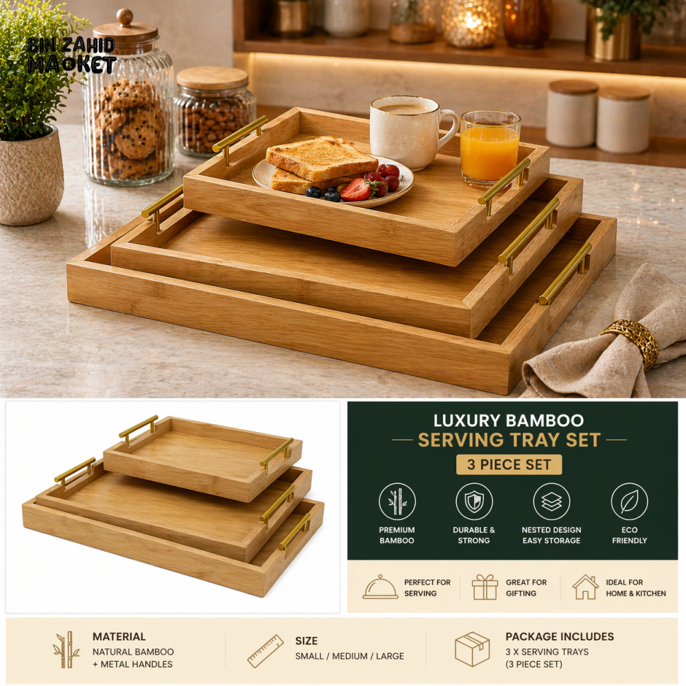 LUXURY BAMBOO SERVING TRAY SET WITH GOLD HANDLES PACK OF 3