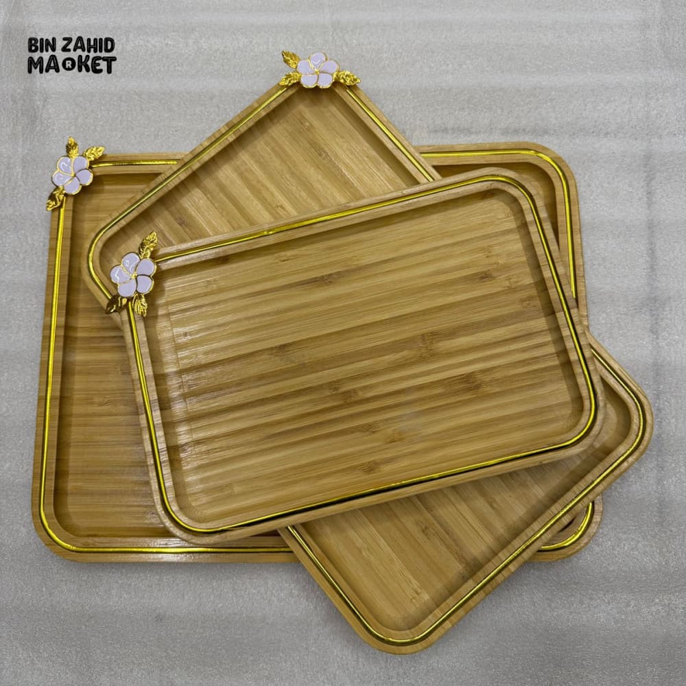LUXURY BAMBOO SERVING TRAY SET WITH GOLDEN RIM 3 PIECES