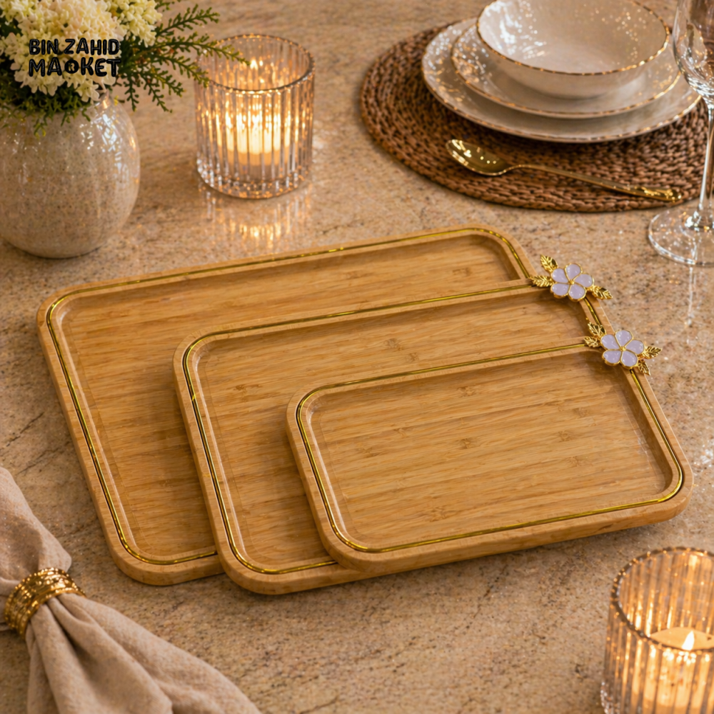 LUXURY BAMBOO SERVING TRAY SET WITH GOLDEN RIM 3 PIECES