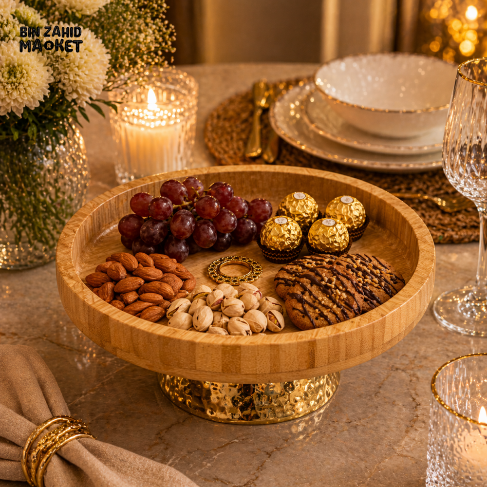 LUXURY BAMBOO SERVING TRAY WITH GOLDEN BASE STAND - ROUND