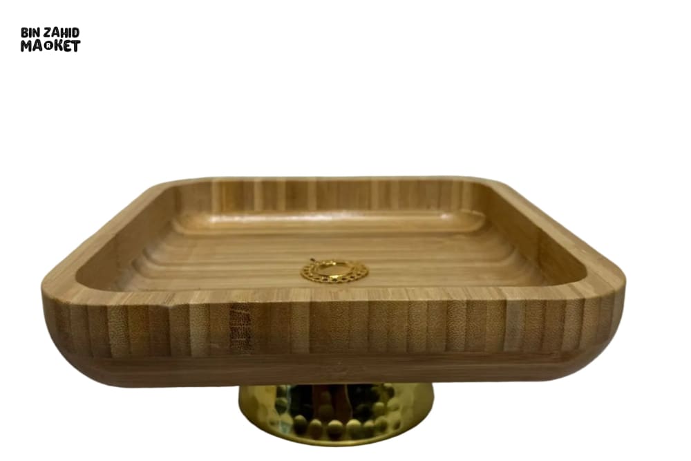 LUXURY BAMBOO SERVING TRAY WITH GOLDEN BASE STAND - SQUARE