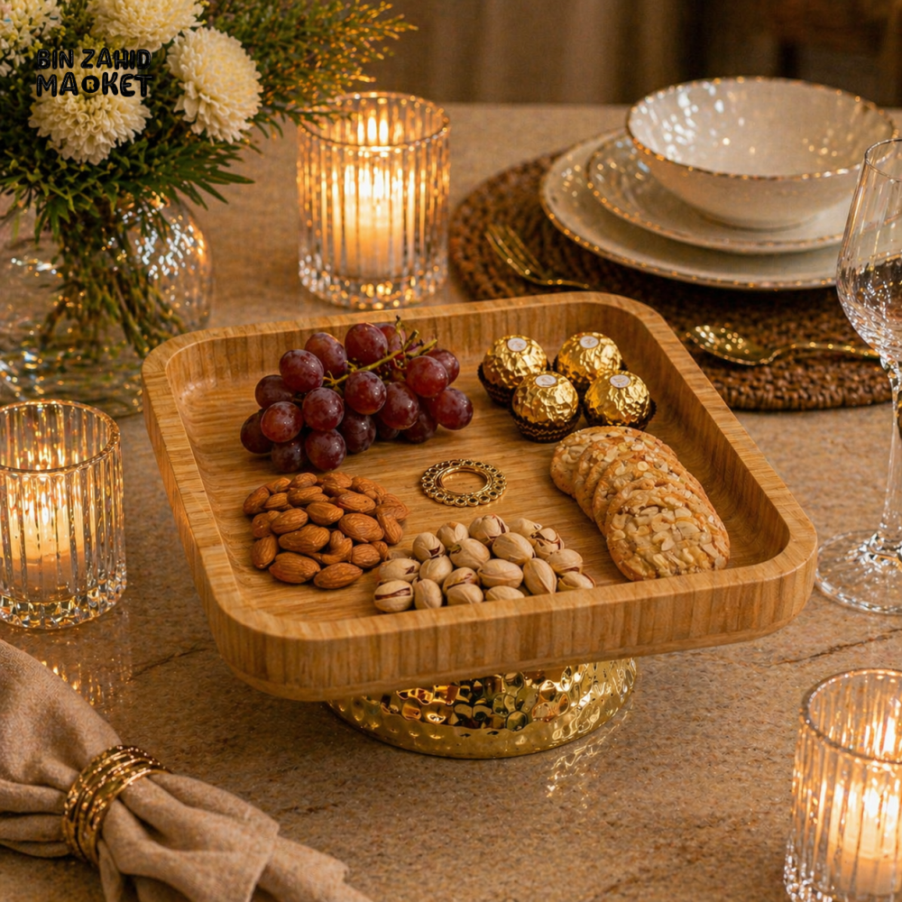LUXURY BAMBOO SERVING TRAY WITH GOLDEN BASE STAND - SQUARE