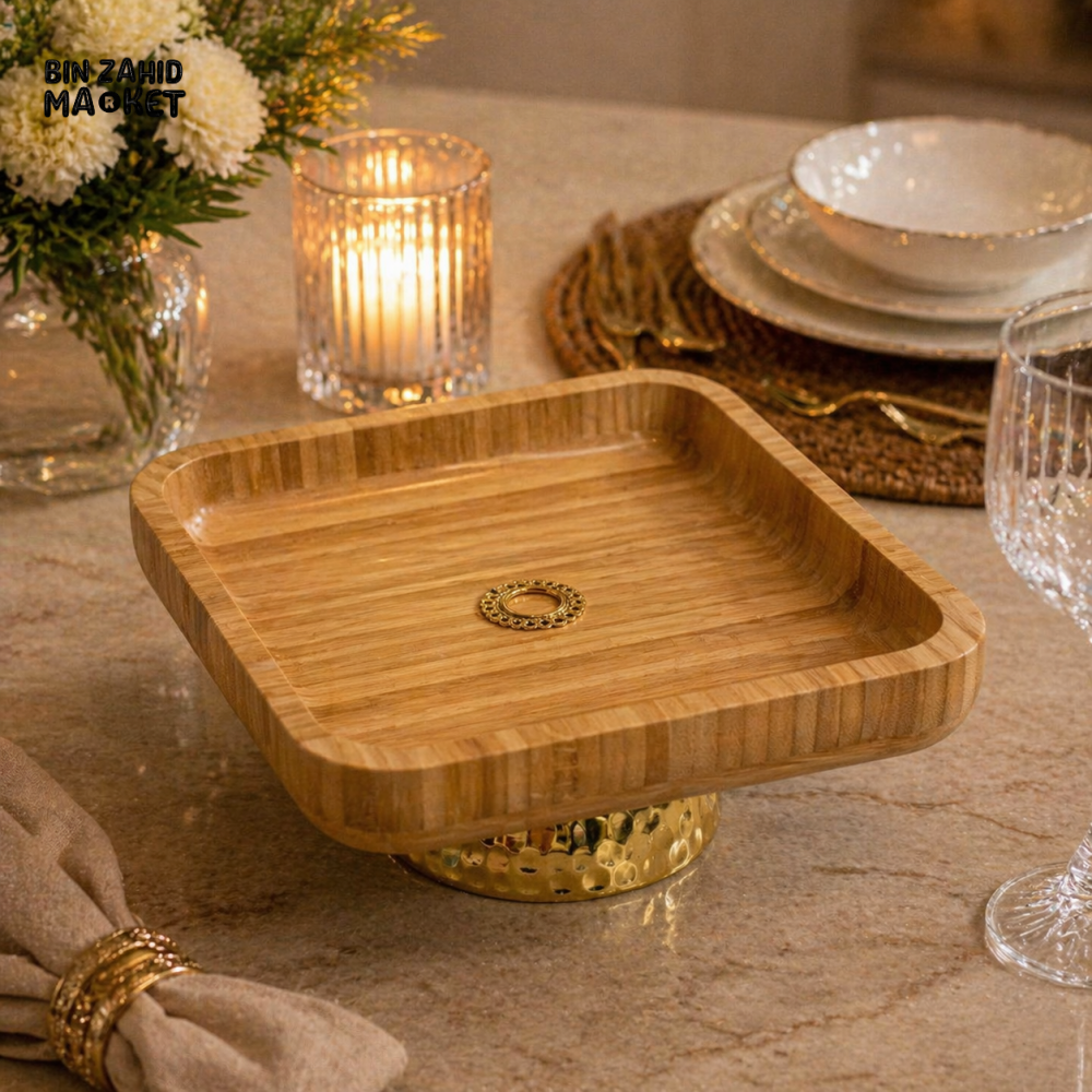 LUXURY BAMBOO SERVING TRAY WITH GOLDEN BASE STAND - SQUARE