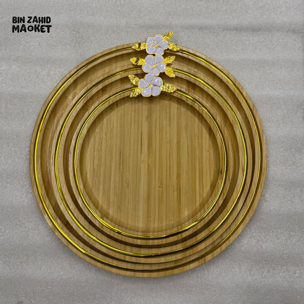 LUXURY BAMBOO SERVING TRAY WITH GOLDEN RIM & FLORAL DESIGN 3 PIECES SET