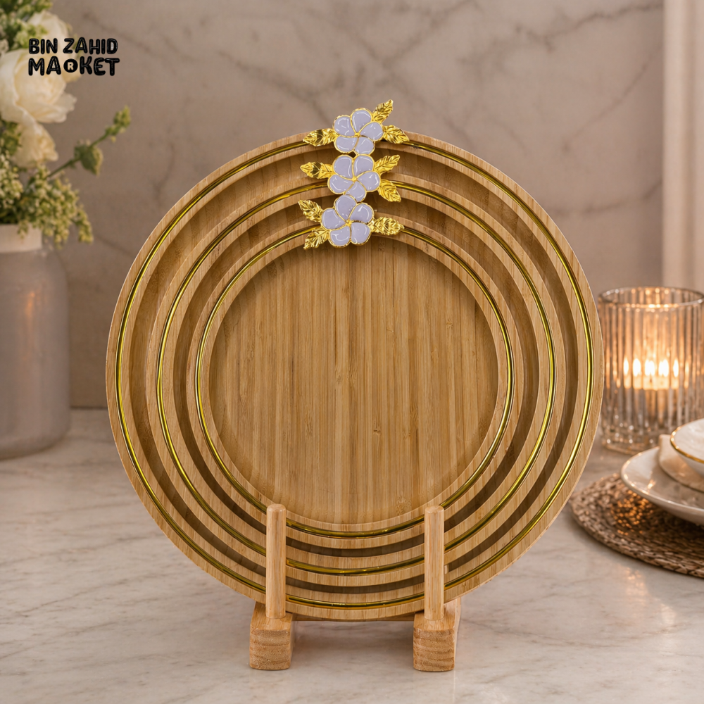 LUXURY BAMBOO SERVING TRAY WITH GOLDEN RIM & FLORAL DESIGN 3 PIECES SET