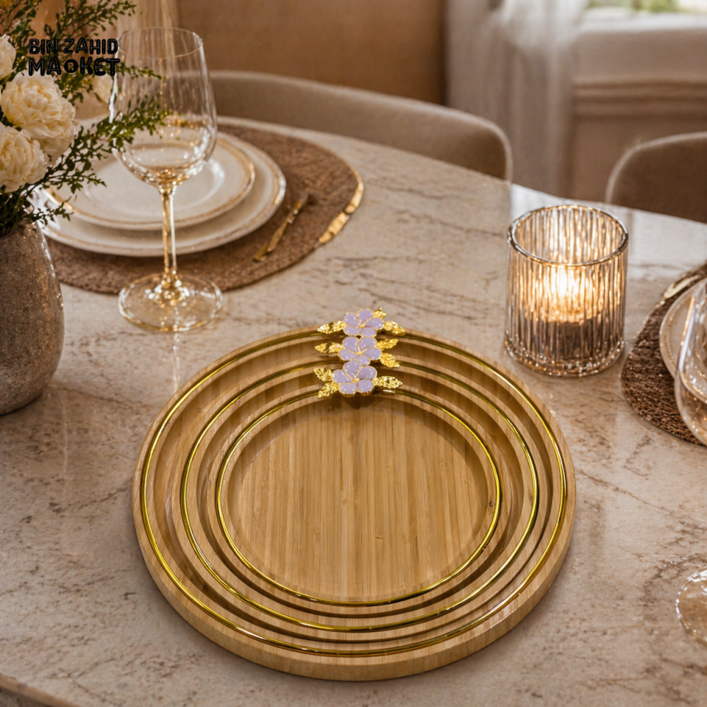 LUXURY BAMBOO SERVING TRAY WITH GOLDEN RIM & FLORAL DESIGN 3 PIECES SET