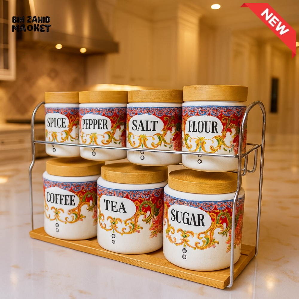 LUXURY BAROQUE CERAMIC CANISTER SET – 7PIECES WITH BAMBOO LIDS & RACK