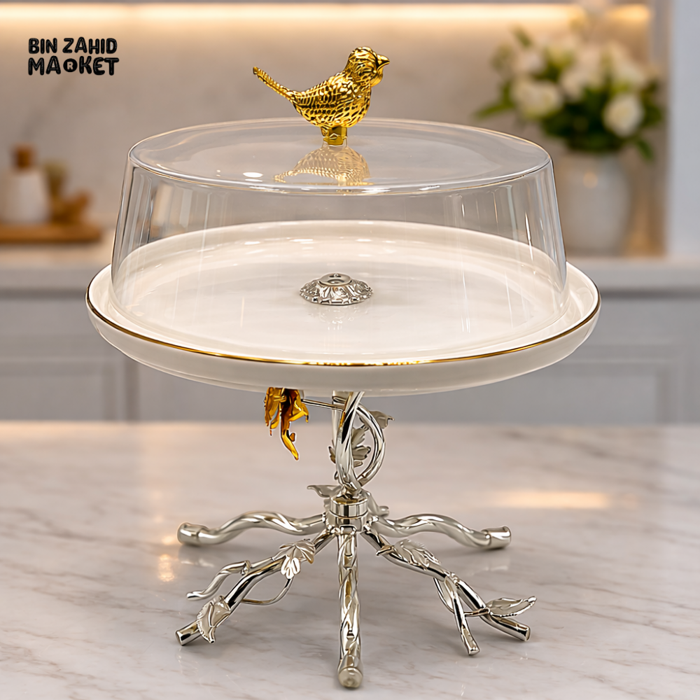 LUXURY BIRD FINIAL CAKE STAND WITH GLASS DOME COVER