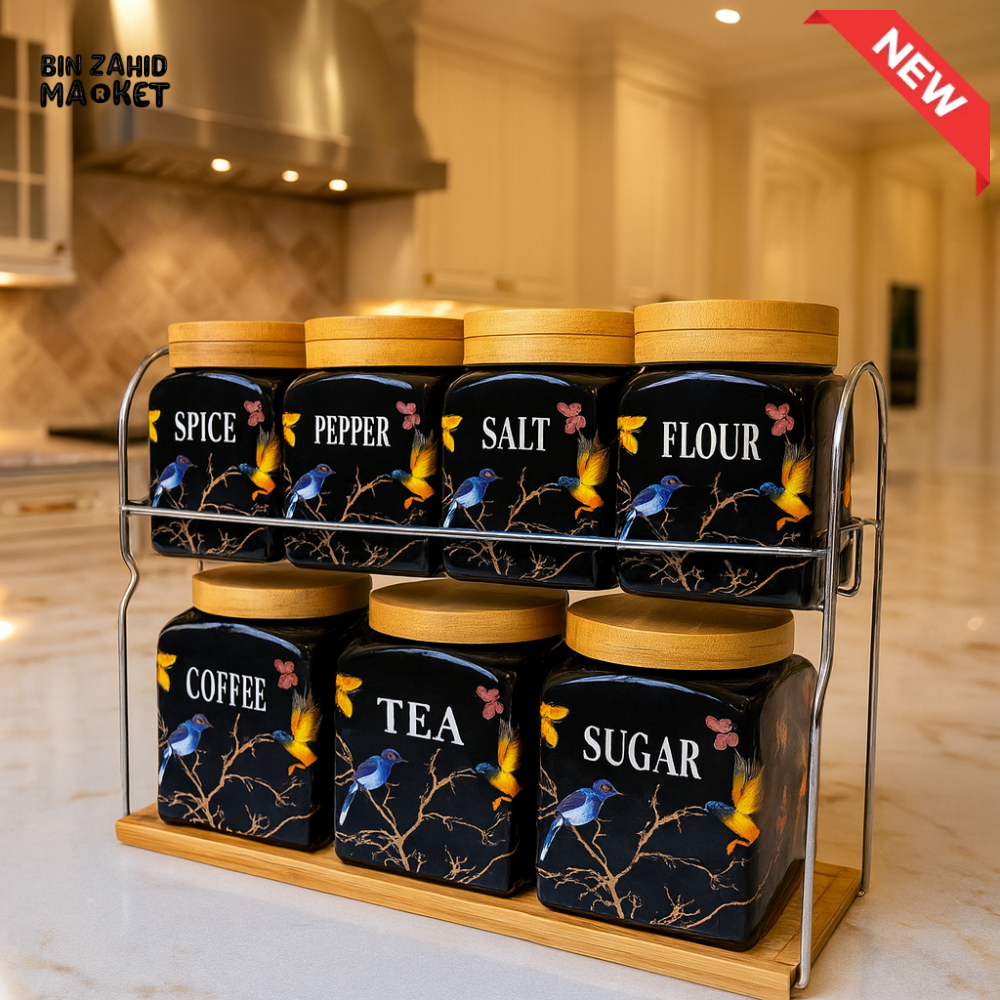 LUXURY BIRD PATTERN CANISTERS – 8PIECES BLACK JARS AIRTIGHT COUNTERTOP SET - BLACK
