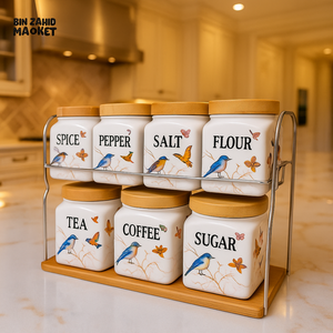 LUXURY BIRD PATTERN CANISTERS – 8PIECES BLACK JARS AIRTIGHT COUNTERTOP SET - WHITE