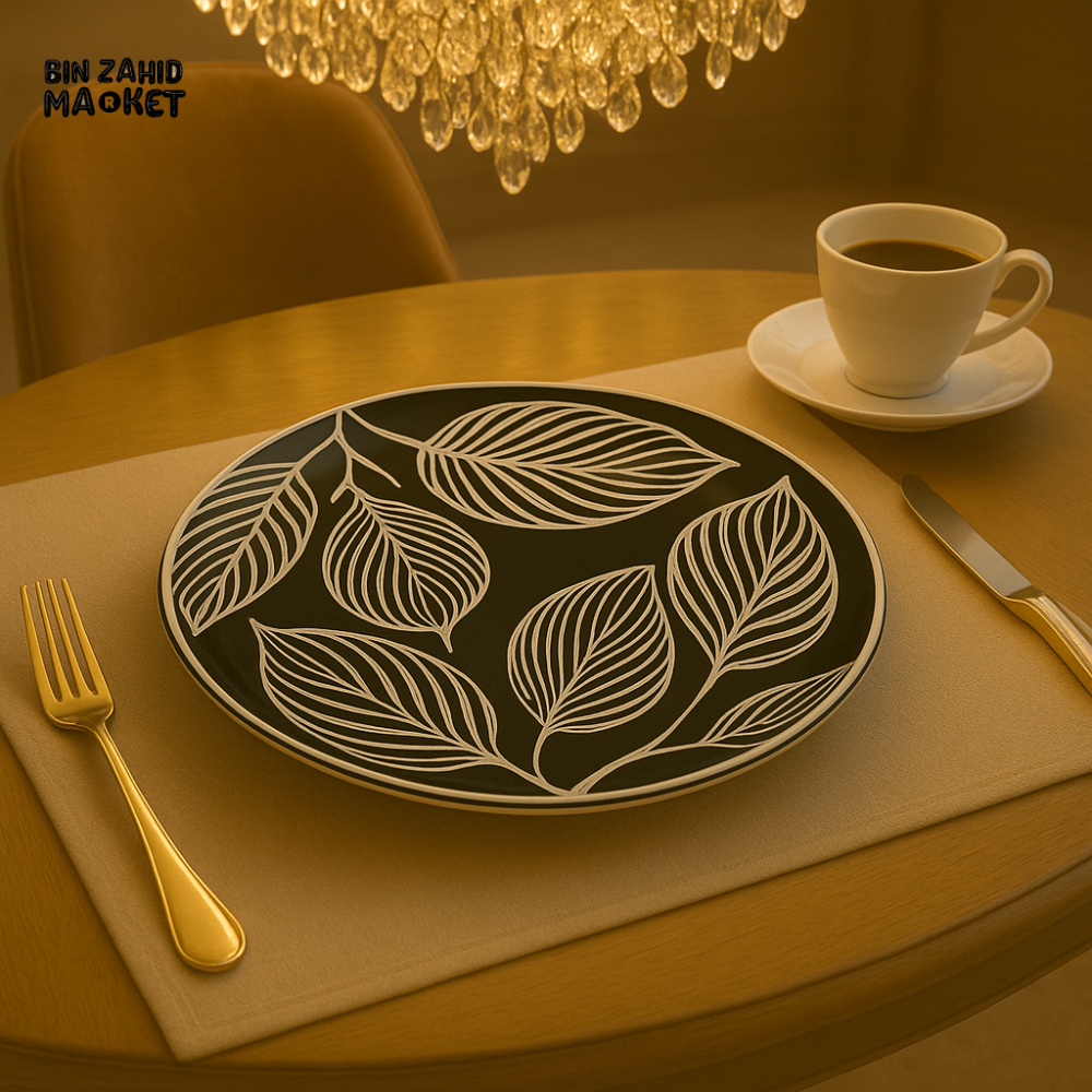 LUXURY BLACK CERAMIC DINNER PLATE WITH WHITE LEAF DESIGN – VILLA DINING STYLE